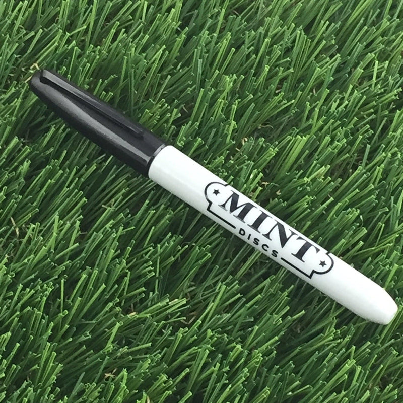 White Mint Discs Sharpie permanent marker with a black cap and prominent black "MINT DISCS" logo.