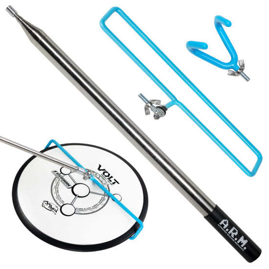 MVP A.R.M. disc retriever with a silver telescoping pole, a blue rectangular attachment, and a blue V-shaped attachment.