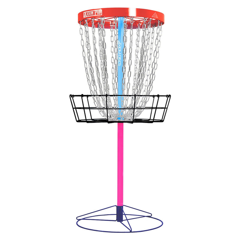 Red Axiom Pro disc golf basket with shiny silver chains, black basket, pink pole, and dark blue base.