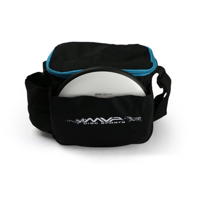Black MVP Cell V1 disc golf bag with a white disc in the front pocket and a bright blue zipper lining.