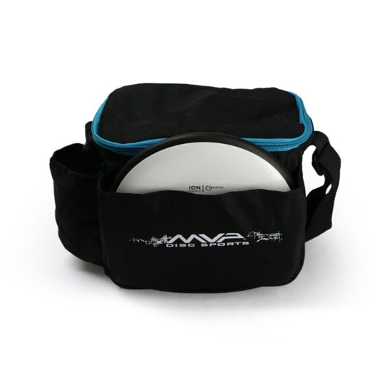 Black MVP Cell V1 disc golf bag with a white disc in the front pocket and a bright blue zipper lining.
