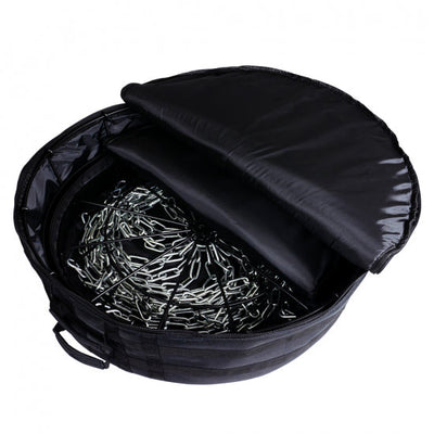 MVP Black Hole Lite disc golf basket packed inside its black transit bag with the lid open.