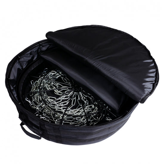 MVP Black Hole Lite disc golf basket packed inside its black transit bag with the lid open.