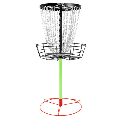 MVP Black Hole Lite disc golf basket with a black top band and basket, silver chains, a neon green pole, and a red base.