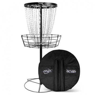 MVP Black Hole Lite disc golf basket with silver chains and a large round Transit bag.