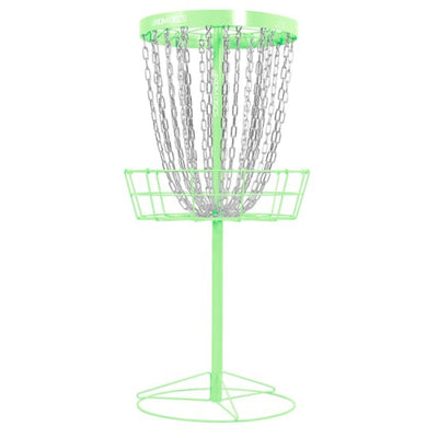 Light green MVP Black Hole Pro 24-chain disc golf basket with a sturdy metal pole and base.