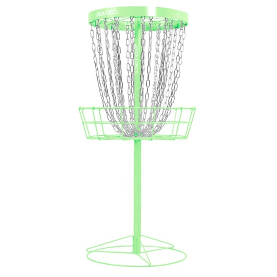 Light green MVP Black Hole Pro 24-chain disc golf basket with a sturdy metal pole and base.