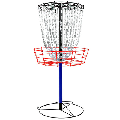 Black MVP Black Hole disc golf basket with a red wire catching basket and silver chains on a blue pole.