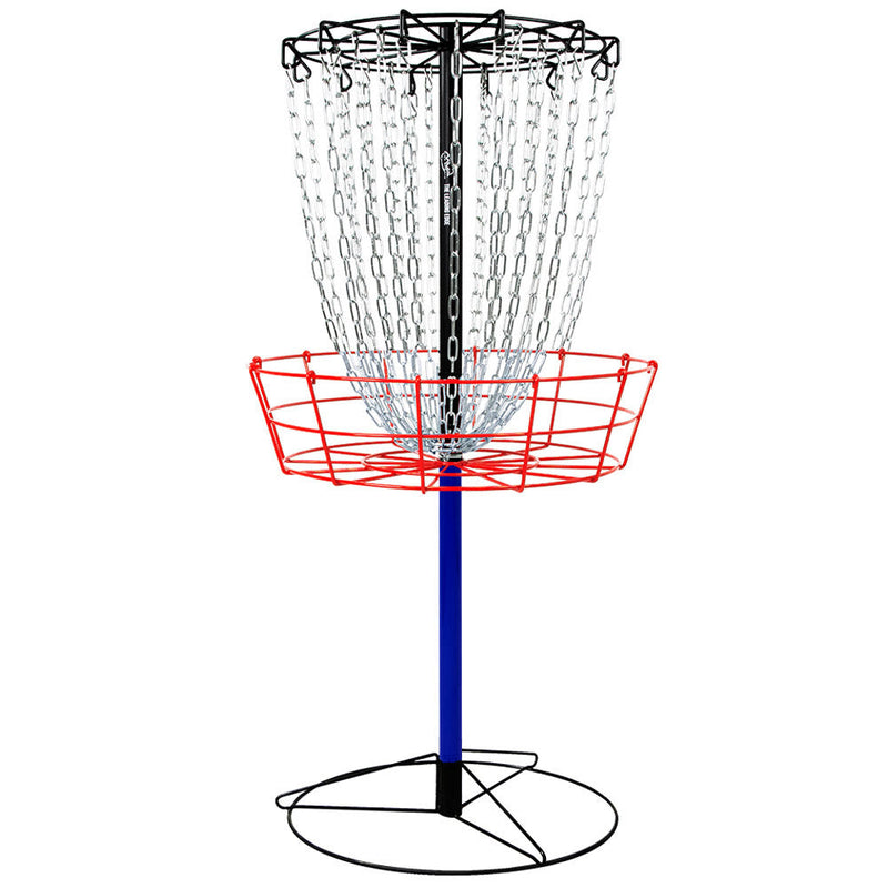 Black MVP Black Hole disc golf basket with a red wire catching basket and silver chains on a blue pole.