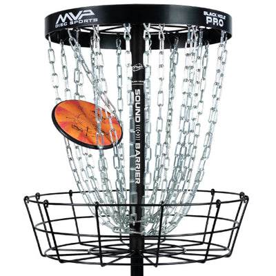 MVP Black Hole Sound Barrier portable disc golf basket with shiny silver chains and an orange and black disc.