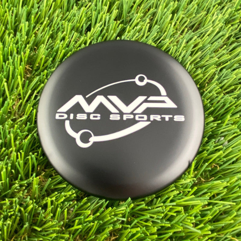 Black MVP Metal Marker Orbit Logo Putter with a white MVP Disc Sports logo and orbit graphic printed on top.