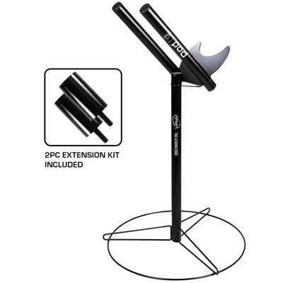 Black metal MVP Pod v2 putter rack and base with the "pod" logo and a 2PC extension kit shown in an inset.