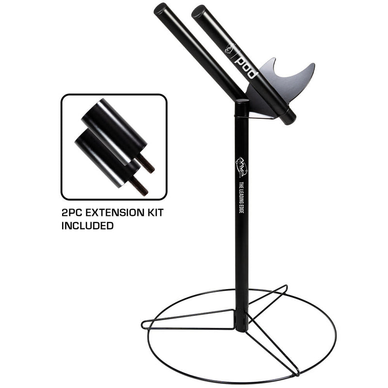 Black metal MVP Pod v2 putter rack and base with the "pod" logo and a 2PC extension kit shown in an inset.