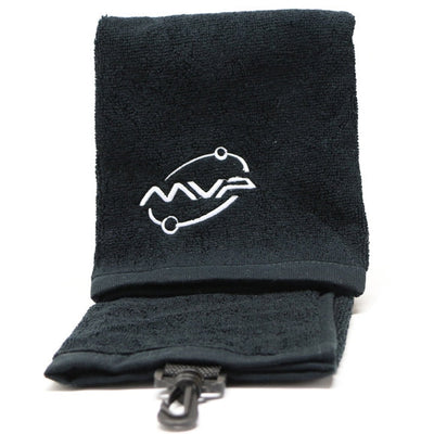 Black MVP Disc Golf tri-fold towel with white embroidered Orbit logo and an attached carabiner clip.