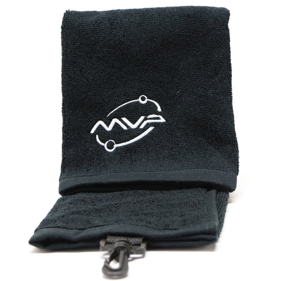 Black MVP Disc Golf tri-fold towel with white embroidered Orbit logo and an attached carabiner clip.