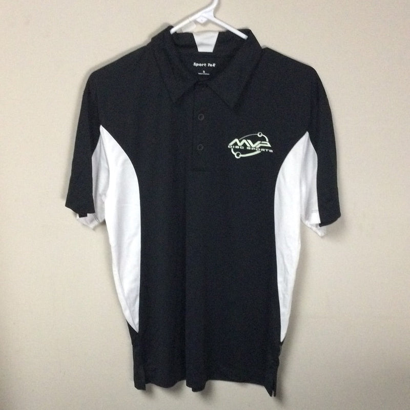 Black MVP Orbit Logo Polo shirt with white side panels, two black buttons, and a white MVP Disc Sports logo.