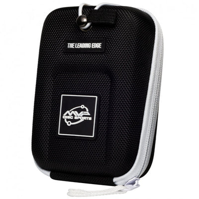 Black MVP Parsec laser range finder case with a white interior zipper and "MVP Disc Sports" logo patch.