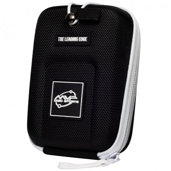 Black MVP Parsec laser range finder case with a white interior zipper and "MVP Disc Sports" logo patch.