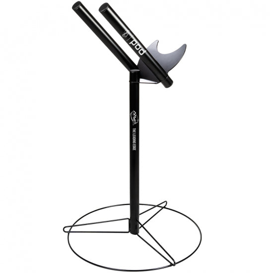 Black MVP Pod Putter Rack with a distinctive fin-like disc holder, a circular wire base, and "THE LEADING EDGE" on the stand.