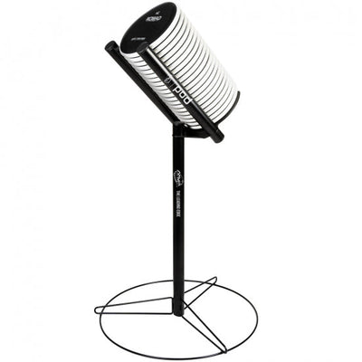Black MVP Pod Putter Rack with a sturdy wire base, displaying several white discs with black banding.