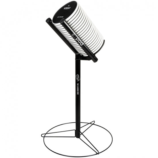 Black MVP Pod Putter Rack with a sturdy wire base, displaying several white discs with black banding.