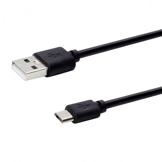 Black power cable with a silver USB-A connector on the left and a silver USB-C connector on the right.