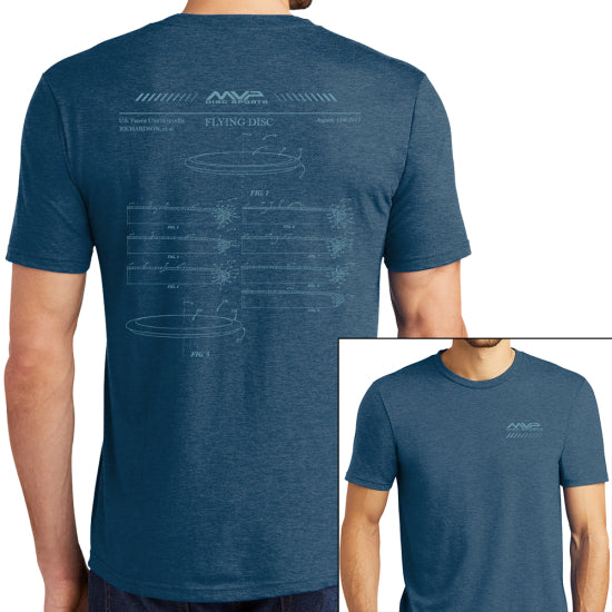 Blue MVP Sports cotton t-shirt with a detailed disc golf patent design on the back and a small MVP logo on the front.