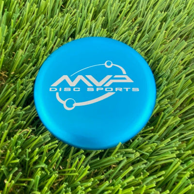 Blue MVP Metal Marker disc golf putter with a white Orbit logo and a raised rim.
