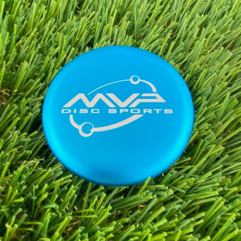 Blue MVP Metal Marker disc golf putter with a white Orbit logo and a raised rim.