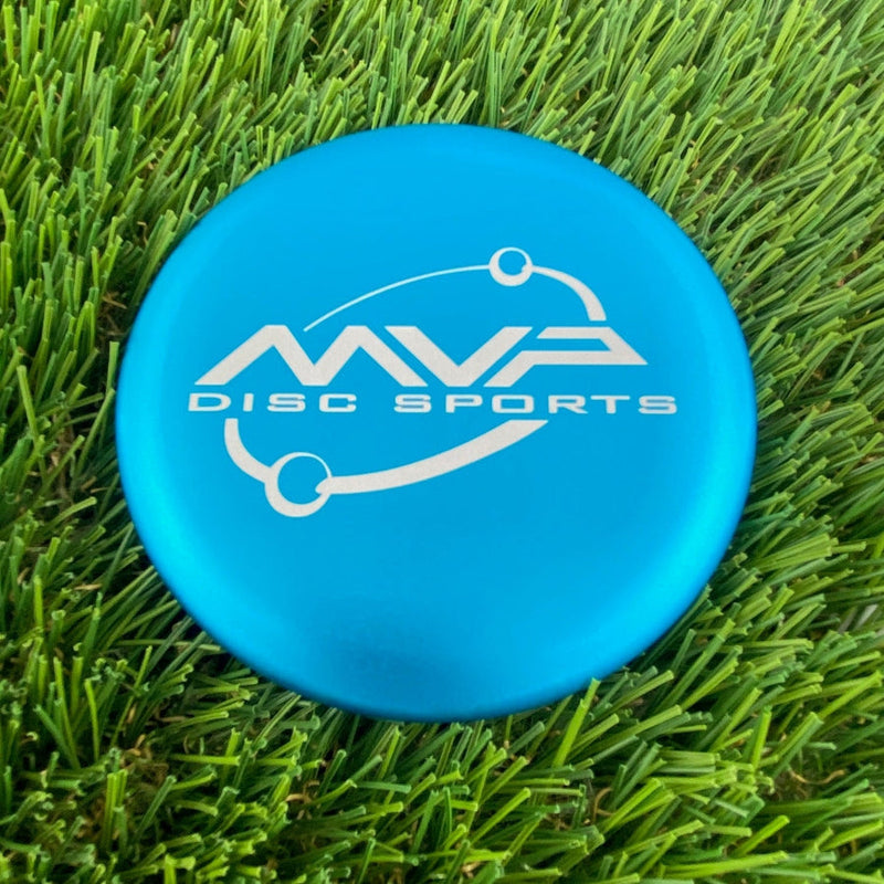 Blue MVP metal marker Orbit Logo putter with a metallic sheen and white MVP Disc Sports logo.