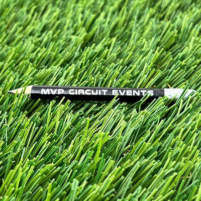 Black MVP CIRCUIT EVENTS scorekeeping pencil with a sharpened tip and a silver eraser holder.