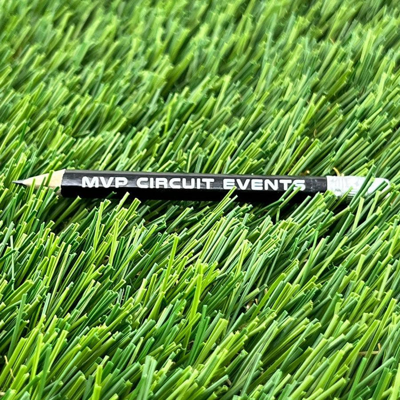 Black MVP CIRCUIT EVENTS scorekeeping pencil with a sharpened tip and a silver eraser holder.