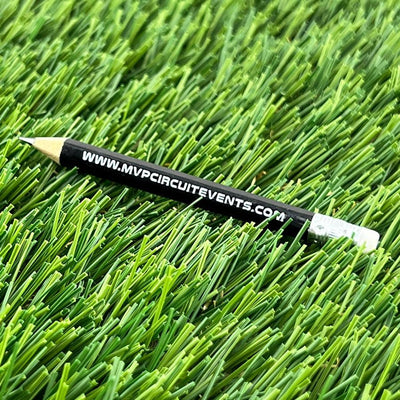 Black MVP Circuit Events scorekeeping pencil with white text and a white eraser.