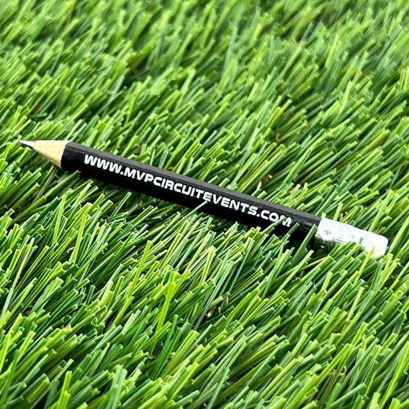 Black MVP Circuit Events scorekeeping pencil with white text and a white eraser.