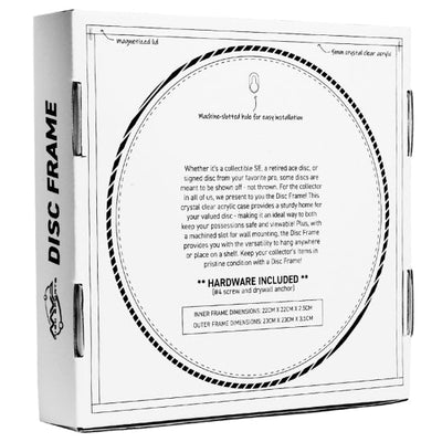 White MVP Disc Frame acrylic display case packaging with black text and diagram for wall mounting.