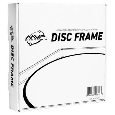 White MVP Disc Frame acrylic display case packaging with black text and a barcode.