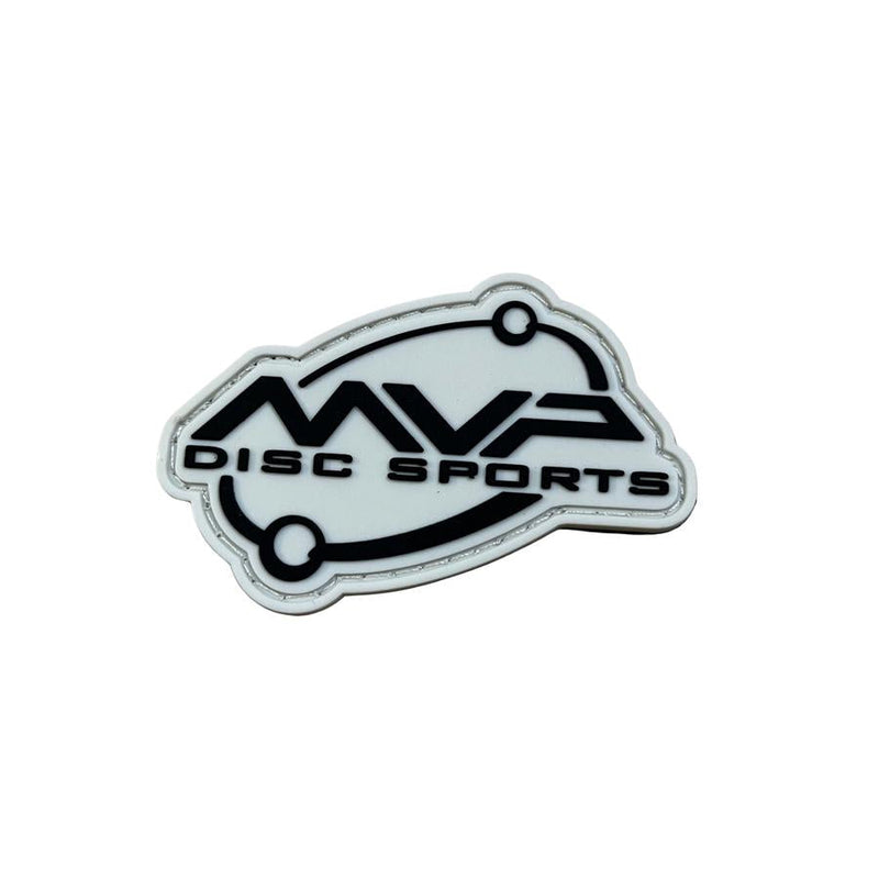 Black and white MVP Disc Sports orbit logo rubberized PVC hook and loop patch with a clean white border.