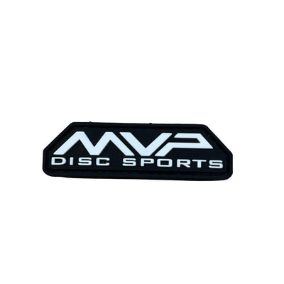 Rectangular MVP Disc Sports PVC hook and loop patch features white raised text on a black rubberized background.