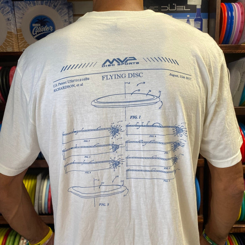 White MVP DISC SPORTS cotton short-sleeve tee with a blue flying disc patent drawing on the back.