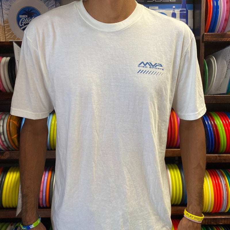 White cotton MVP Disc Sports t-shirt with a blue MVP logo and "DISC SPORTS" text printed on the left chest.