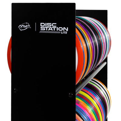 Black MVP Disc Station Lite disc golf rack with two shelves, full of various colorful, shiny discs.
