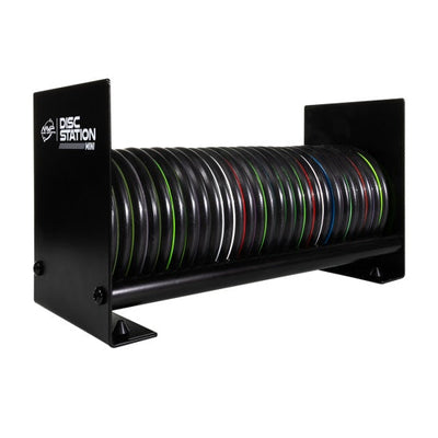 Black MVP Disc Station Mini rack holds 20 dark disc golf putters, with colorful rims, on a horizontal bar.