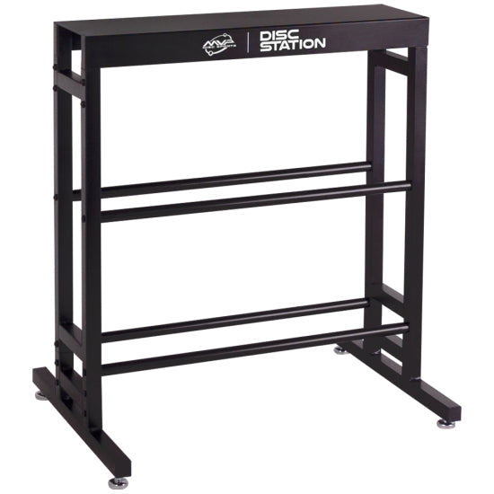 Black MVP Disc Station II storage rack with three horizontal shelves and circular feet.