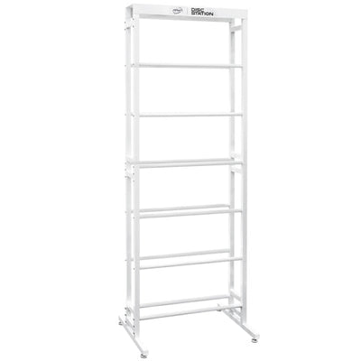 Tall white MVP Disc Station storage rack with multiple horizontal rods for disc golf organization.
