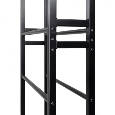 Close-up view of the black MVP Disc Station storage rack VI frame with horizontal bars and visible assembly bolts.