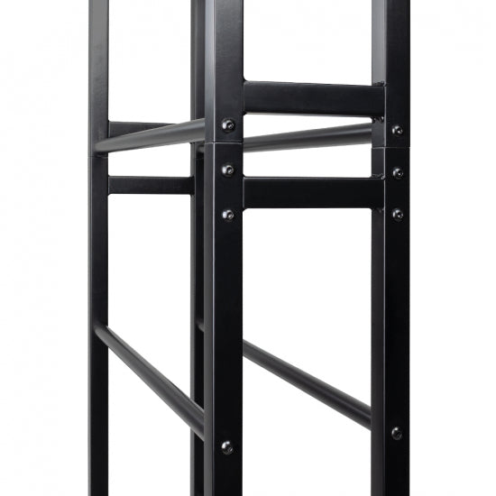 Close-up view of the black MVP Disc Station storage rack VI frame with horizontal bars and visible assembly bolts.