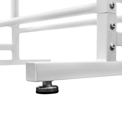 White MVP Disc Station storage rack VI with a silver threaded foot leveling pad on its bottom frame.