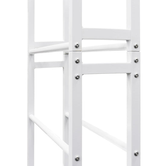 Close-up of a white MVP Disc Station storage rack with metal crossbars and visible silver screws.