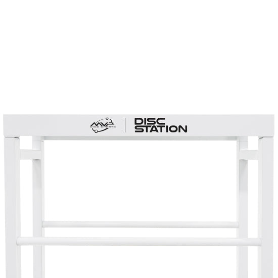 Shiny white MVP Disc Station storage rack with a prominent black logo and text on the top bar.