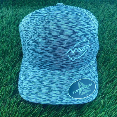 Blue and black MVP Orbit Flexfit Delta unipanel hat with an embroidered MVP logo and attached size tag.